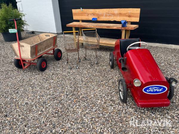 LOT: sæbekassebil, trækvogn, indkøbsvogne, værkstedsbord