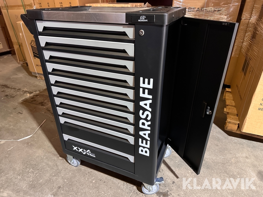 Værktøjsvogn Bearsafe med 10 skuffer og indhold
