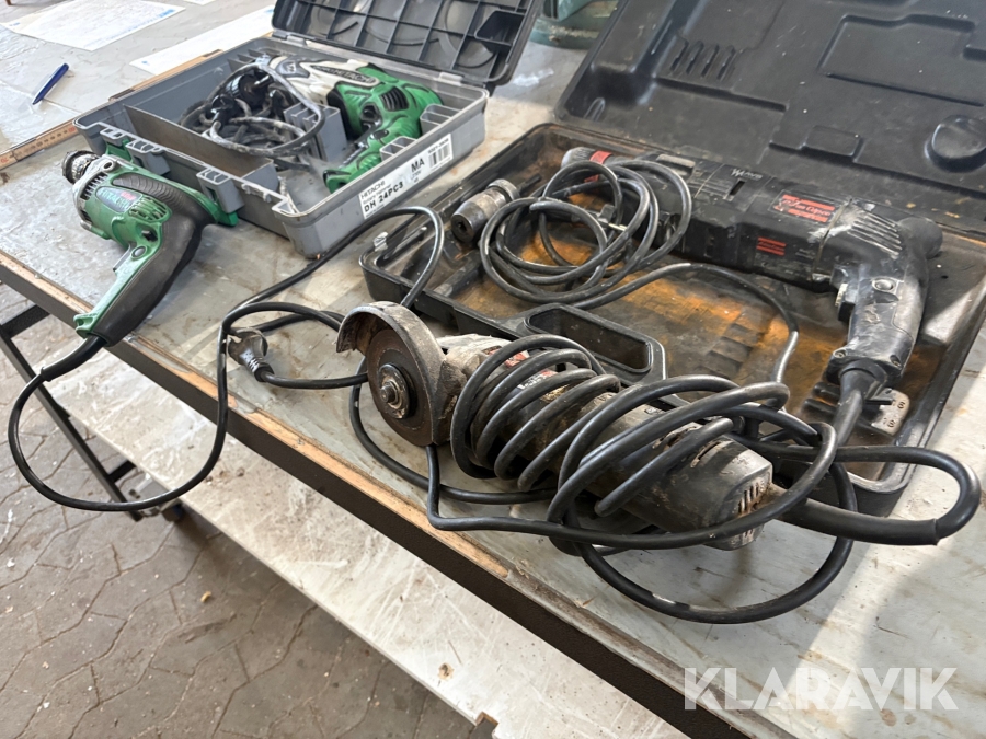 Lot: borehamre, boremaskine og vinkelsliber Hitachi og diverse 4 maskiner